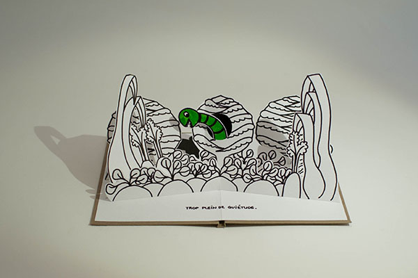 Projet livre pop-up "Variation pour un loup et un jardin potager", potager avec ver dans un chou, face