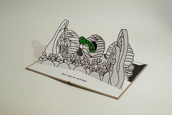 Projet livre pop-up "Variation pour un loup et un jardin potager", potager avec ver dans un chou, profil