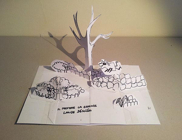 Projet livre pop-up "Variation pour un loup et un jardin potager", maquette p. 4, février 2016, face