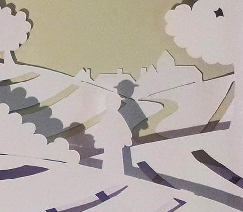 Projet de livre pop-up, Le bonheur… d’après Paul Fort, Flammarion Jeunesse. Détail pop-up strophe 1, personnage et village